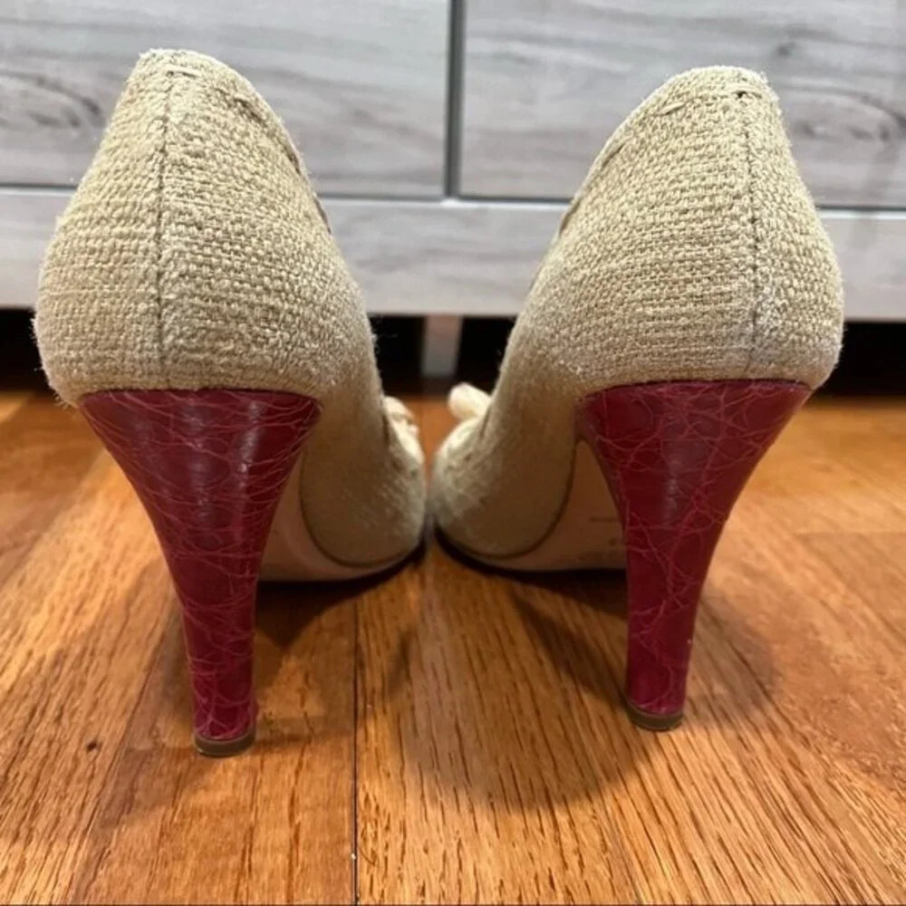 Prada Cream Tweed & Red Leather Round Toe Pump Heels 38